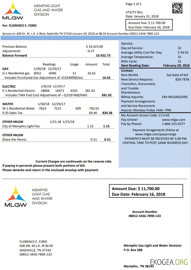 USA Tennessee MLGW utility bill template in Word and PDF format